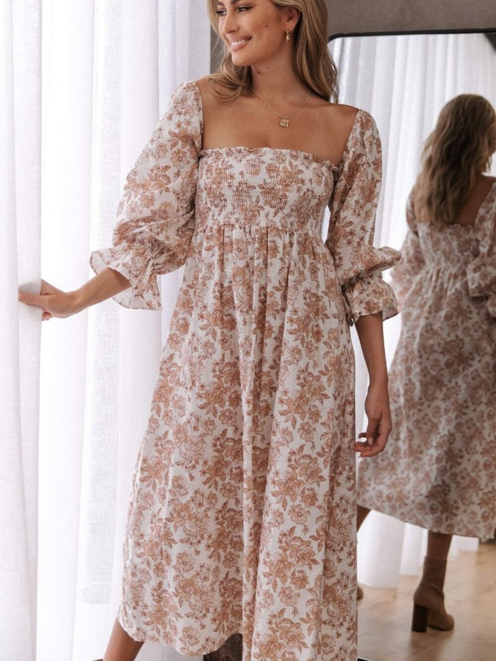 Petal & Pup White and Brown Floral Midi Dress